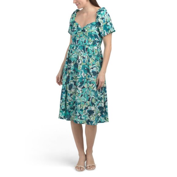 LONDON TIMES Teal/white Twist Front Puff Sleeve Midi Dress